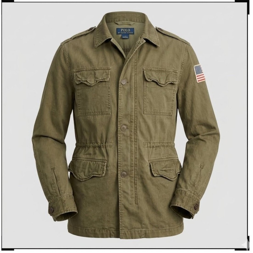 Polo Ralph Lauren Field Jacket Boy L 14-16 Olive Green Military Flag Utility FLW